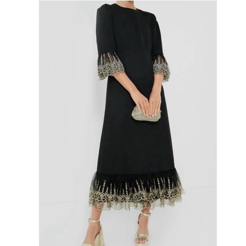 Pomander Place Black Gold Embroidered Lace Midi Dress Bell Sleeve Medium